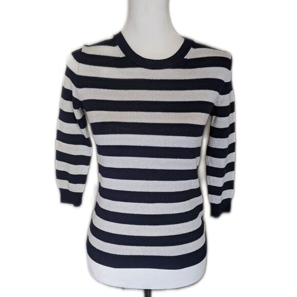 J. Crew navy blue & white striped cotton blend sweater, 3/4 length sleeves XXS - Picture 1 of 6